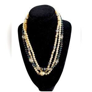Vintage Triple Stranded Artificial Pearl Necklace with Gold Spacer Beads